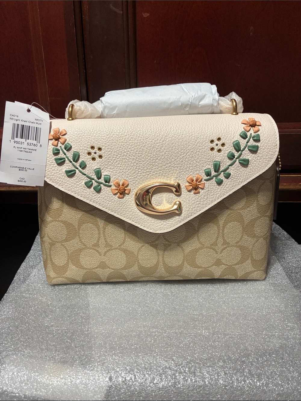 Coach Tammie Shoulder Bag In Signature Canvas with floral whipstitch - NWT $450